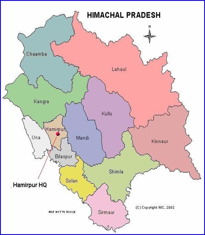 District Map of Himachal Pradesh with Hamirpur District pointed out.